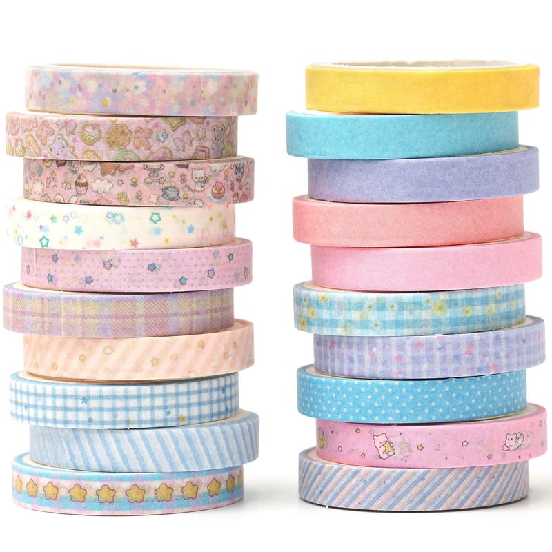 YUBX Vintage Washi Tape Set 20 Rolls Skinny Retro Decorative Antique Patterns Masking Tapes for Arts, DIY Crafts, Journals, Planners, Scrapbook, Wrapping (Kawaii) - Image 1